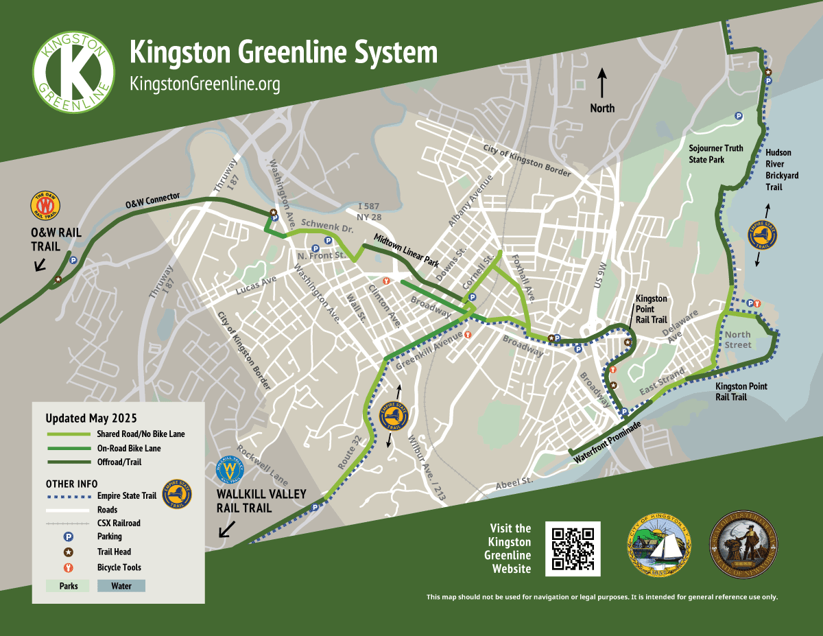 Greenline map of trails, bike lanes, and shared streets. 